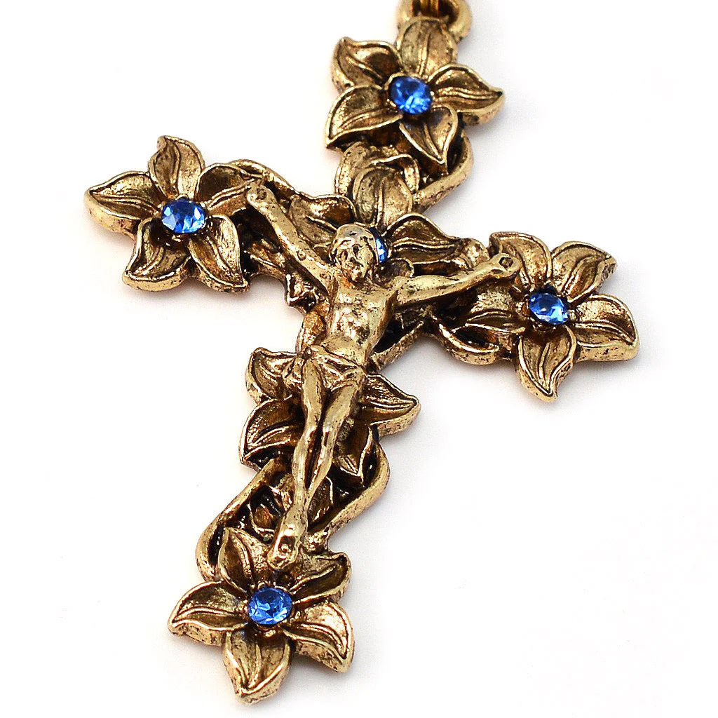 Lourdes Lily Crystal Blue & Gold Rosary - Image 2