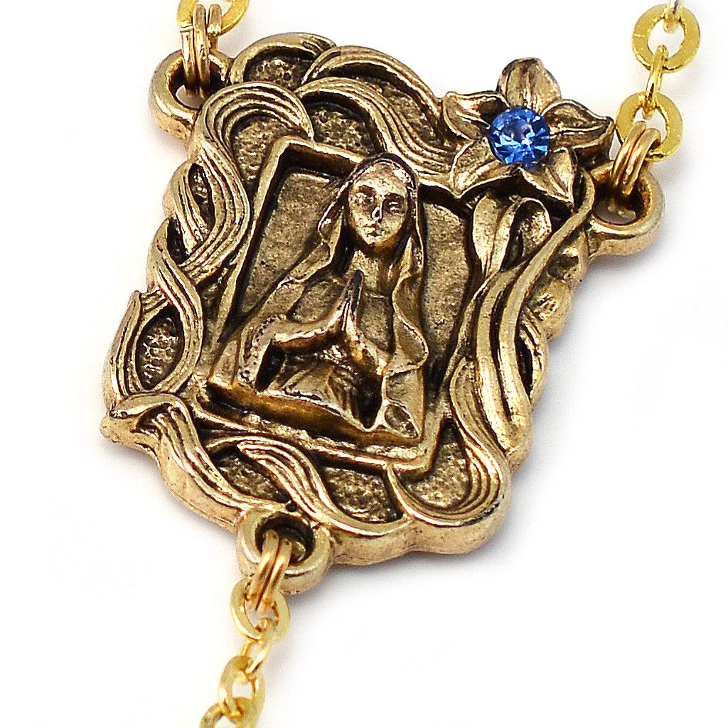 Lourdes Lily Crystal Blue & Gold Rosary - Image 3