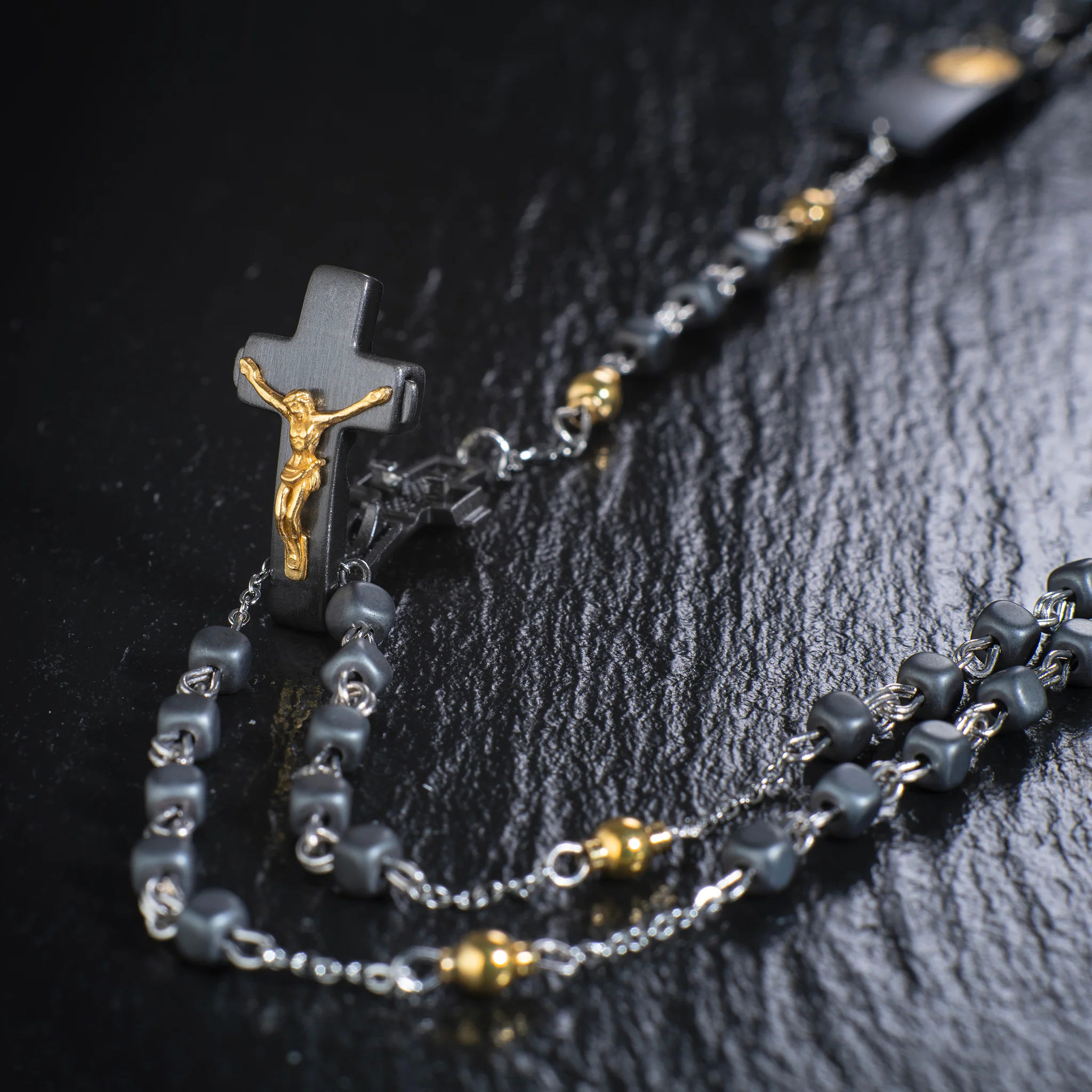 ROSALET® NECKLACE BLACK RHODIUM - SQUARE MATTE HEMATITE BEADS, GOLD PATER - Image 3