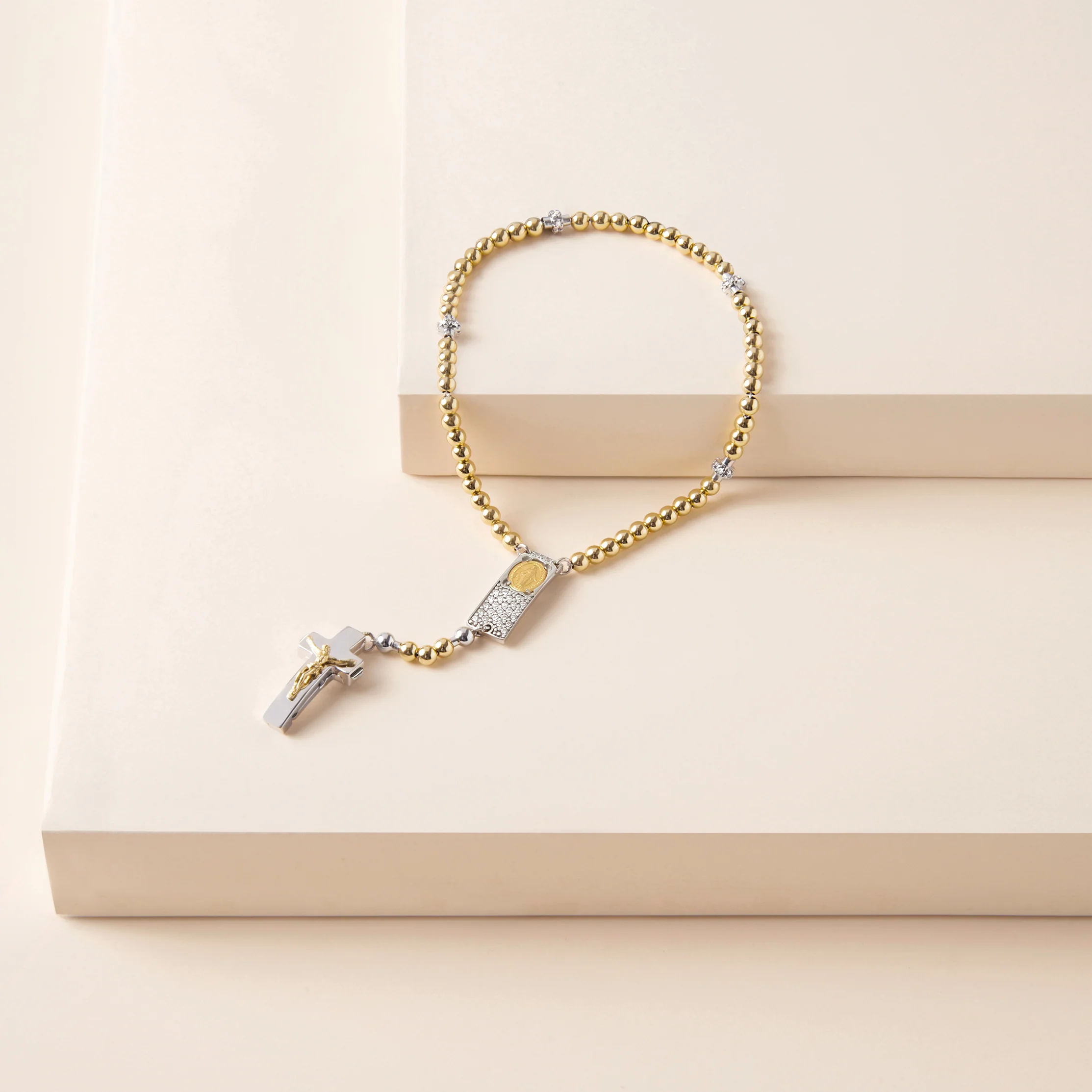 ROSALET® ROUND GOLD BEADS, STERLING SILVER & PAVE PATER, ROSARY CENTER WITH ZIRCON PAVE, TRADITIONAL - Image 3