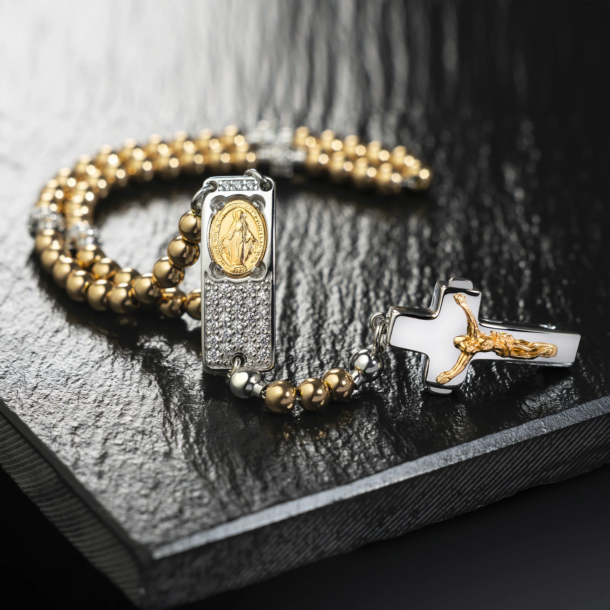 ROSALET® ROUND GOLD BEADS, STERLING SILVER & PAVE PATER, ROSARY CENTER WITH ZIRCON PAVE, TRADITIONAL - Image 4