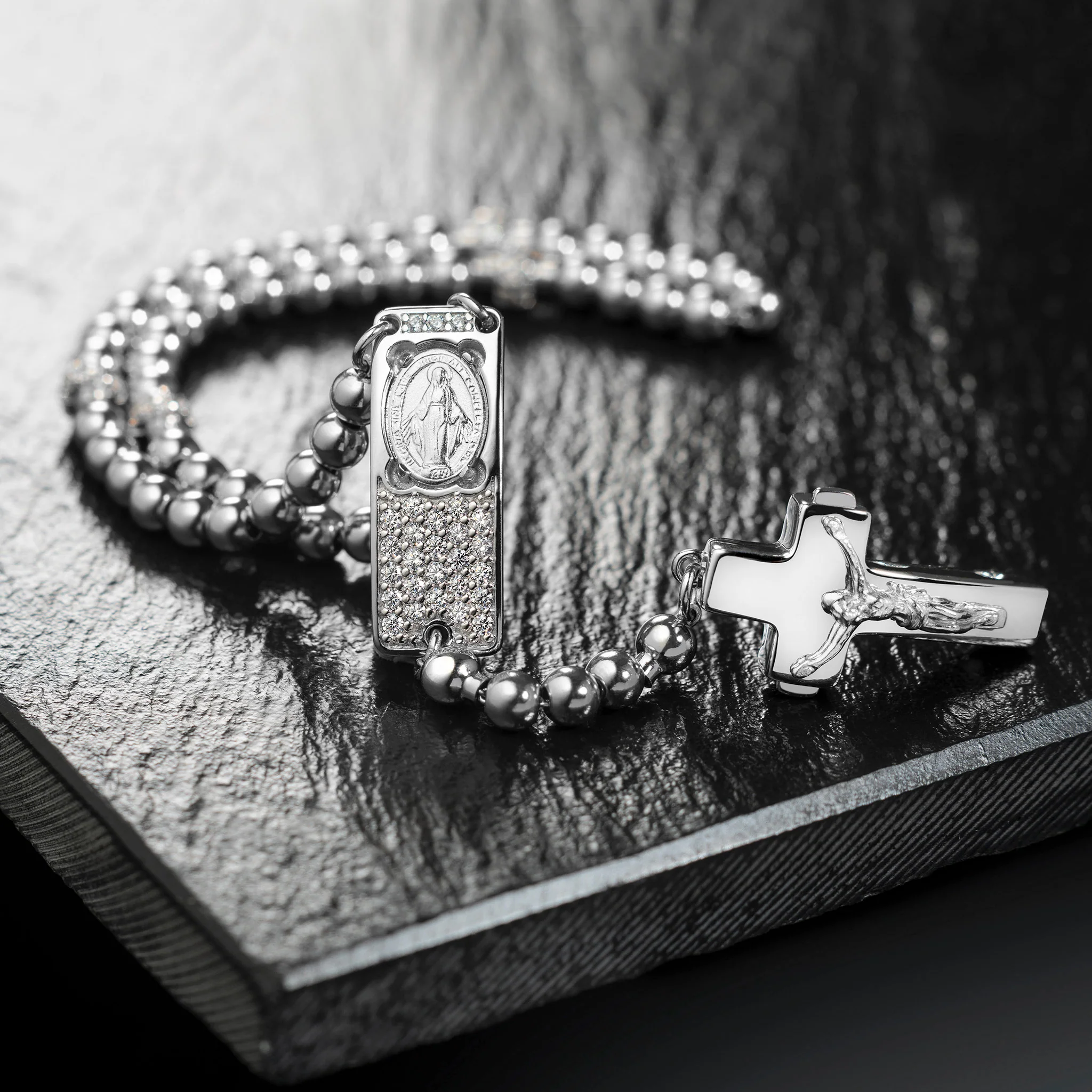 ROSALET® ROUND RHODIUM BEADS,  STERLING SILVER & PAVE PATER, ROSARY CENTER WITH ZIRCON PAVE, TRADITIONAL - Image 4